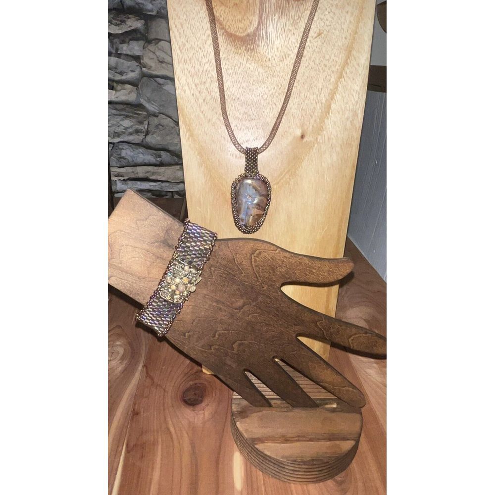 Beaded Natural Stone Pendant Necklace & Rainbow Iridescent Beaded Bracelet Set